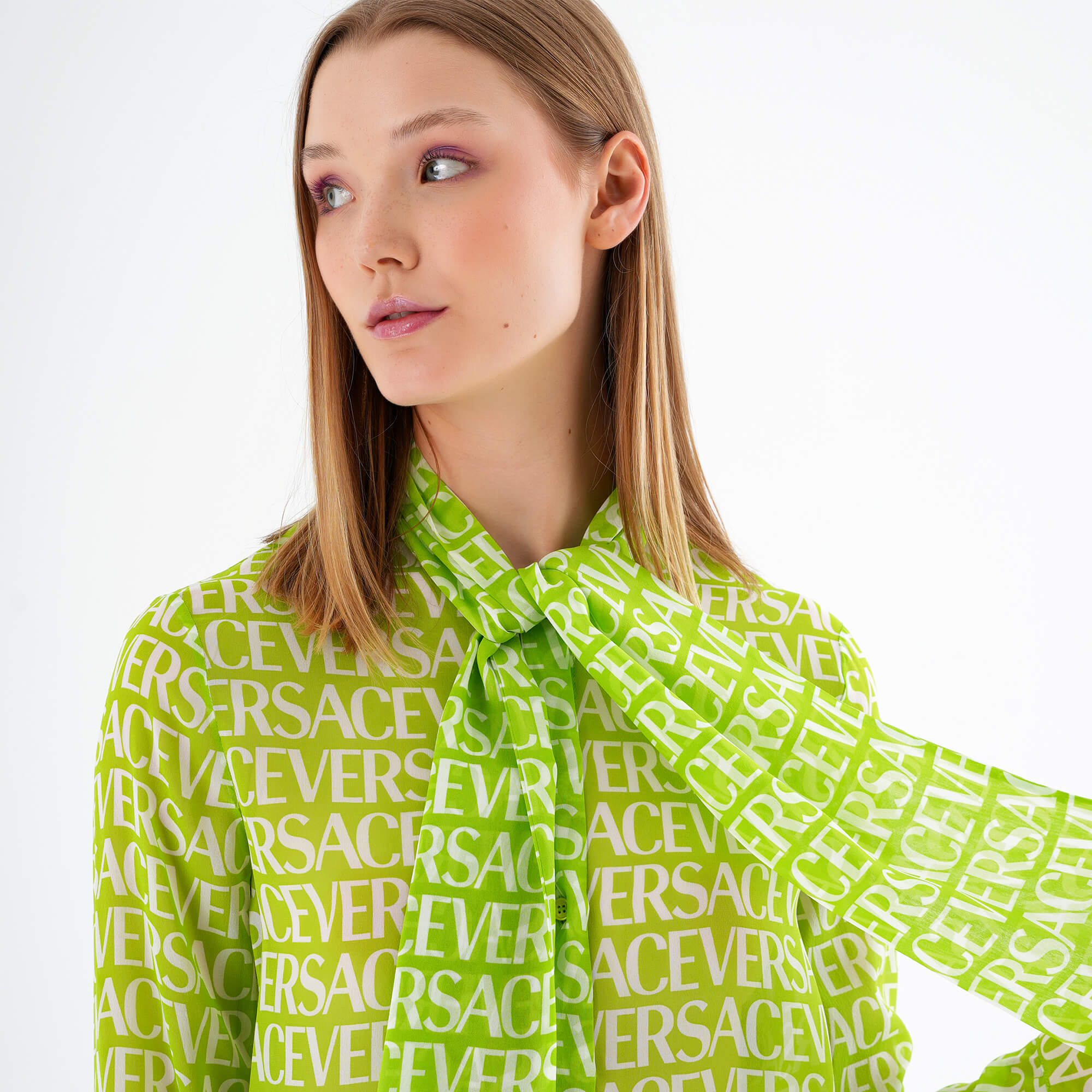 Versace - Logo Printed Silk Chiffon Blouse in Green IT42